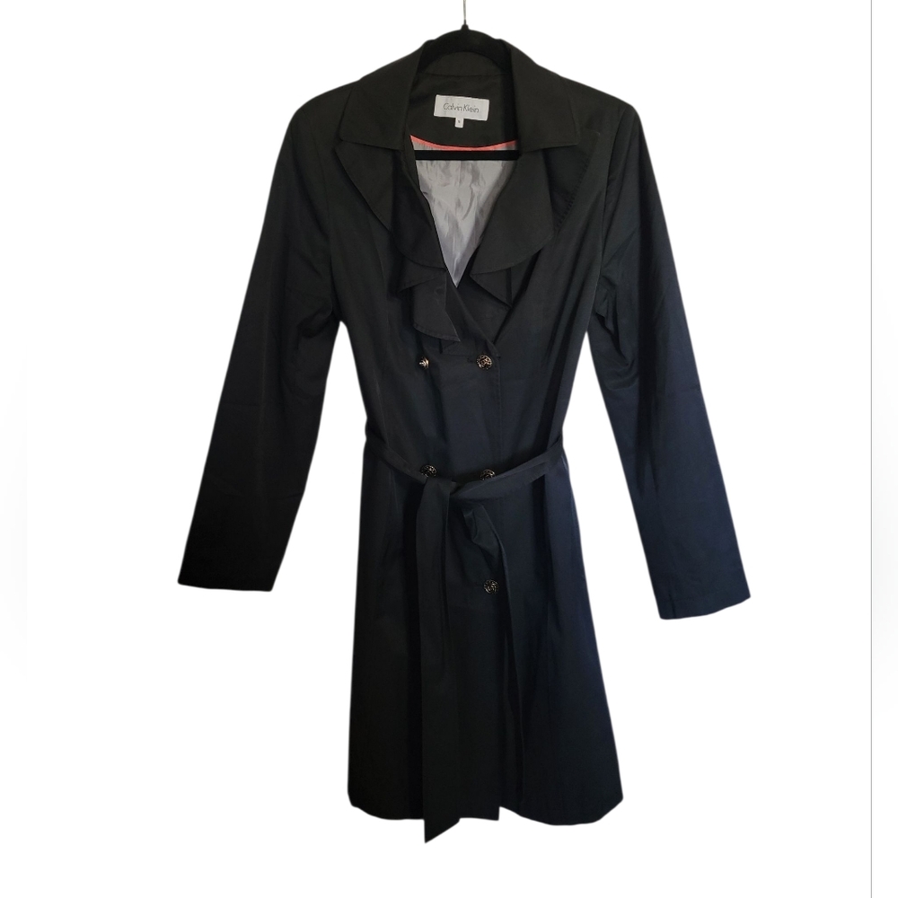 Calvin Klein Long Black Ruffled Collar Jacket